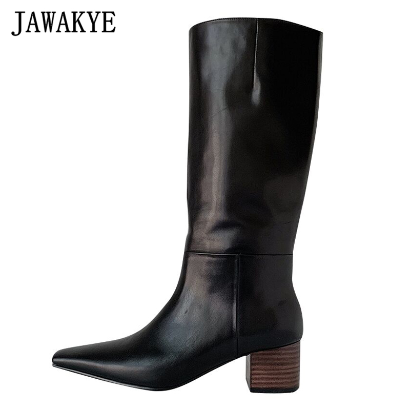 

New genuine leather Black Knee high boots women pointy Toe Kitten Low heels female Winter Shoes long boots Cowboy Knight