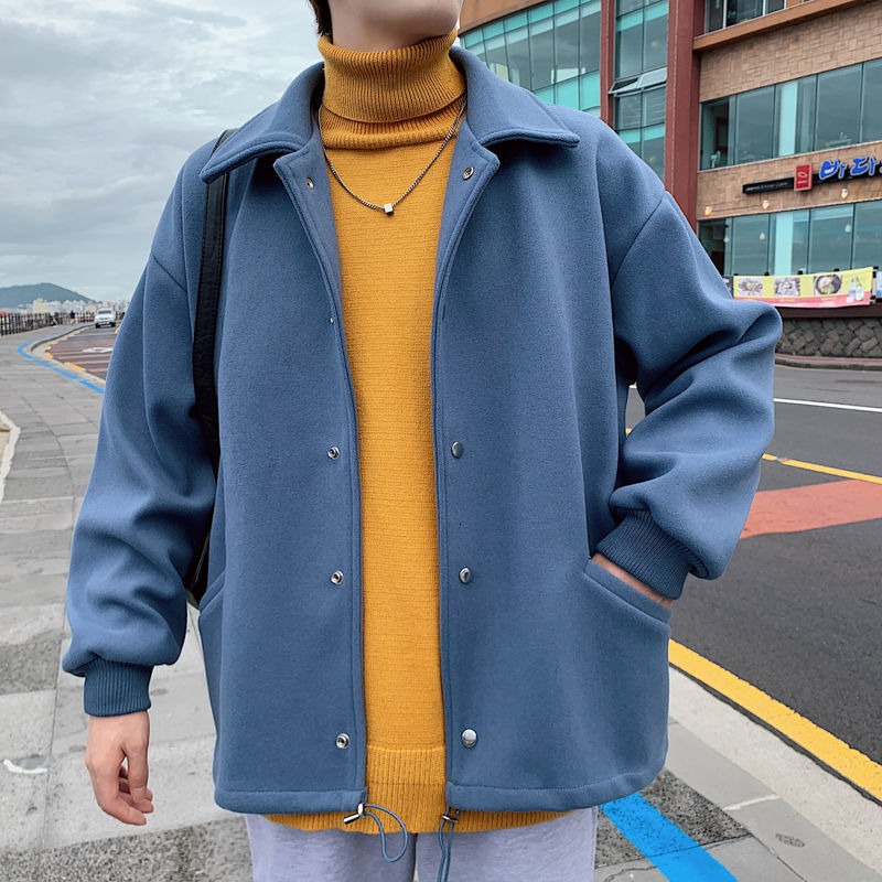 

Winter Short Woolen Coat Men's Slim Fashion Solid Color Casual Woolen Jackets Mens Streetwear Wild Korean Style Coat Men, Black