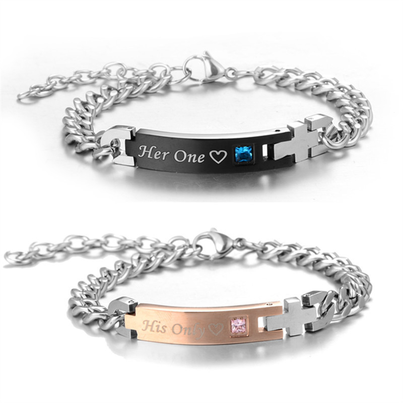

High Grade Stainless Steel His Only Her One Crystal Charm Bracelet For Women Men Bangles Couple Jewelry