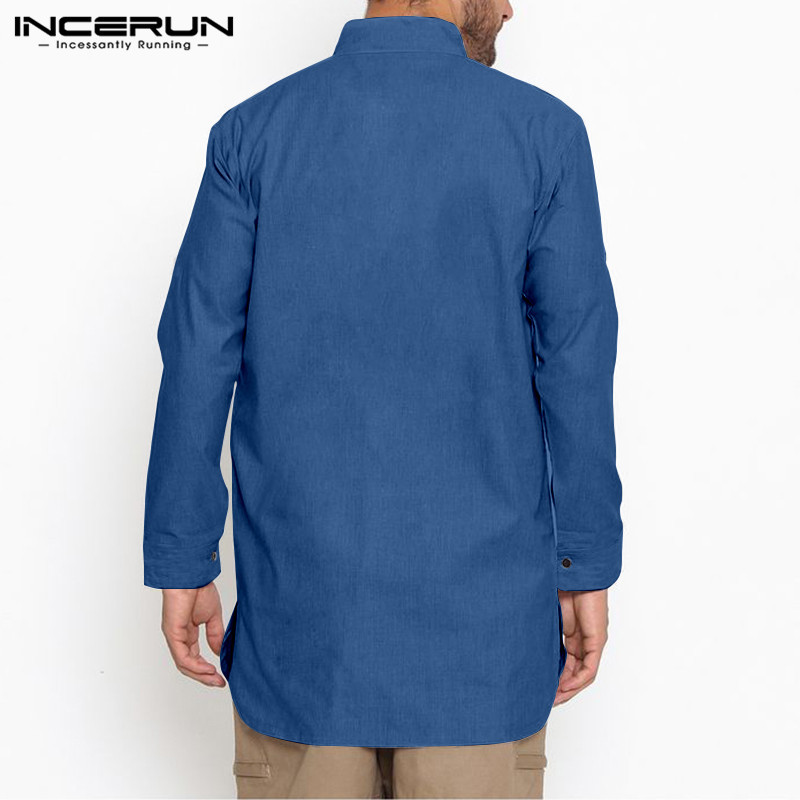 

Vintage Men Shirt Indian Tops Cotton Stand Collar Button Long Sleeve Solid Long Shirts Men Muslim Clothes INCERUN Plus Size 200925, Gray shirt