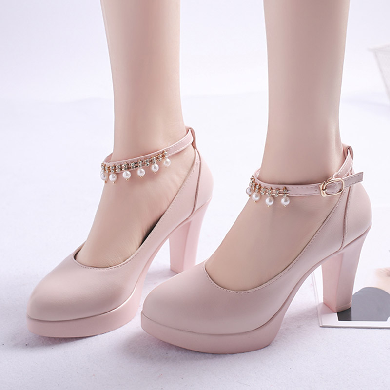 

Plus Size Women Wedding Shoes String Bead Ankle Strap High Heels Dress Shoes Platform Heels Bridal Pearl Pumps 7.5cm N7147, Beige