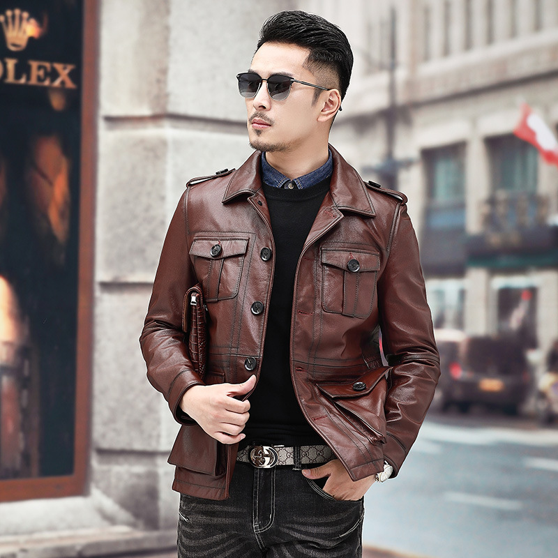 

Korean Genuine Real Cow Short Men Leather Jacket Brown Spring Autumn Chaqueta Cuero Hombre 9924, Black