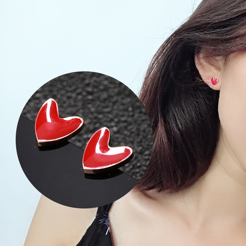 

YUN RUO Simple & Chic Fashion Red Heart Stud Earring Rose Gold Color Woman Gift Titanium Steel Jewelry Never Fade Dropship 2020