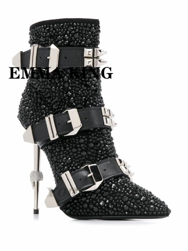 

2020 Patent Leather Women Calf Boots Pointed-Toe Rivet Crystal Iron Heel Women Shoes Rhinestone Blingbling High Heels Short Boot, Silver iron heel