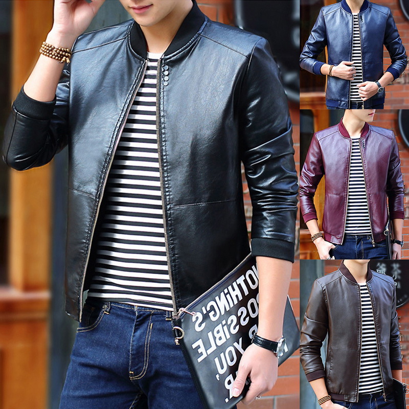 

Men's PU Vintage Coat Jacket Long Sleeve Casual Loose Stand Collar Large Size Silm Fit Zipper Thick Windbreak Coat with Pocket, Blue