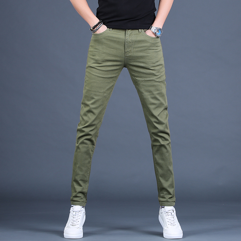 

2020 Autumn Men Jeans Army Green Pants Cotton Stretch Slim Fit Straight Jean, Black