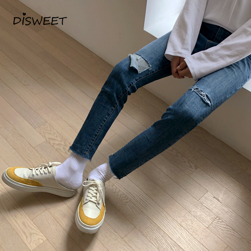 

Men's solid mid-rise jeans Korean slim straight cropped trousers men's Simple ripped boy jeans 2020, Blue