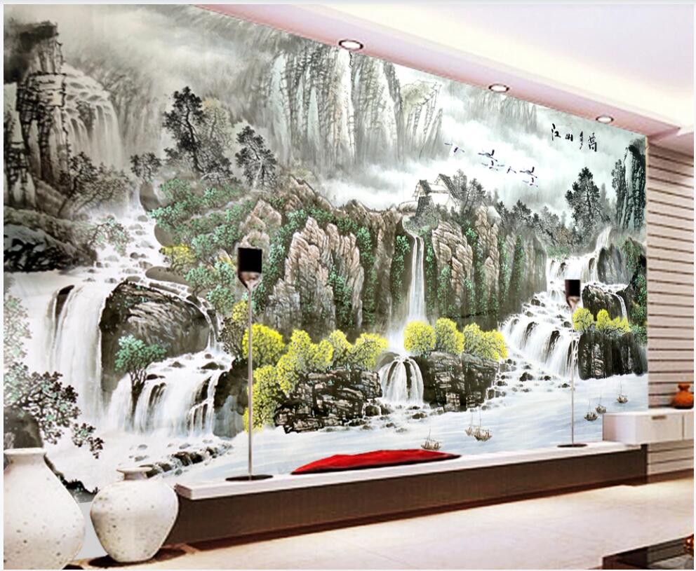 

3d wallpaper custom photo mural on the wall Chinese style mountain waterfall scenery home decor photo wallpaper in the living room, Non-woven wallpaper