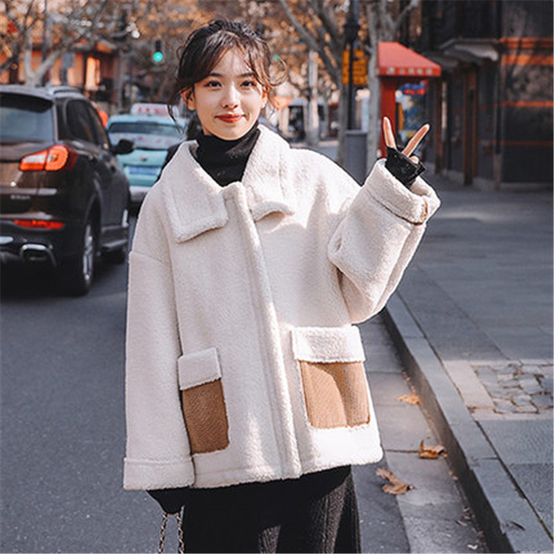 

Fashion Lamb Wool Short Coats Women's Woolen Coat 2020 Autumn Winter Clothing New Korean Loose Thick Fur Jackets Female Tops M77, White