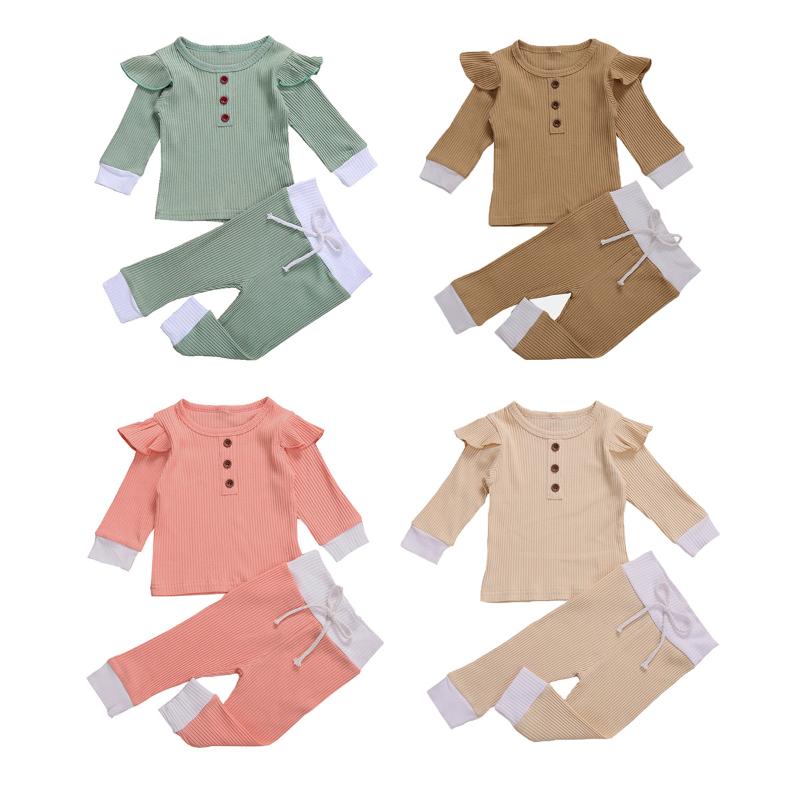 

New Infant Baby Girls Solid Ribbed Ruffle Long Sleeve Tops Elastic Waist Pants Striped Pajama Clothes 2Pcs Outfit Sets
