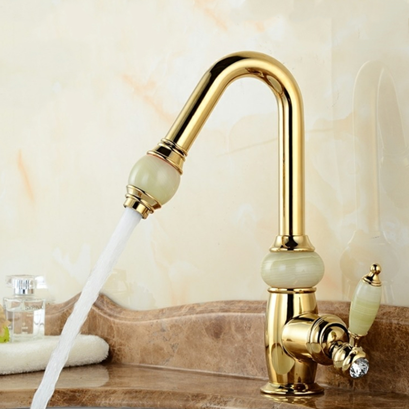 

WZLY Bathroom Faucets Gold Brass Pull Out Basin Mixer Tap With Jade Shower Head Deck Mounted Cold Hot Water Sink Faucet Torneira