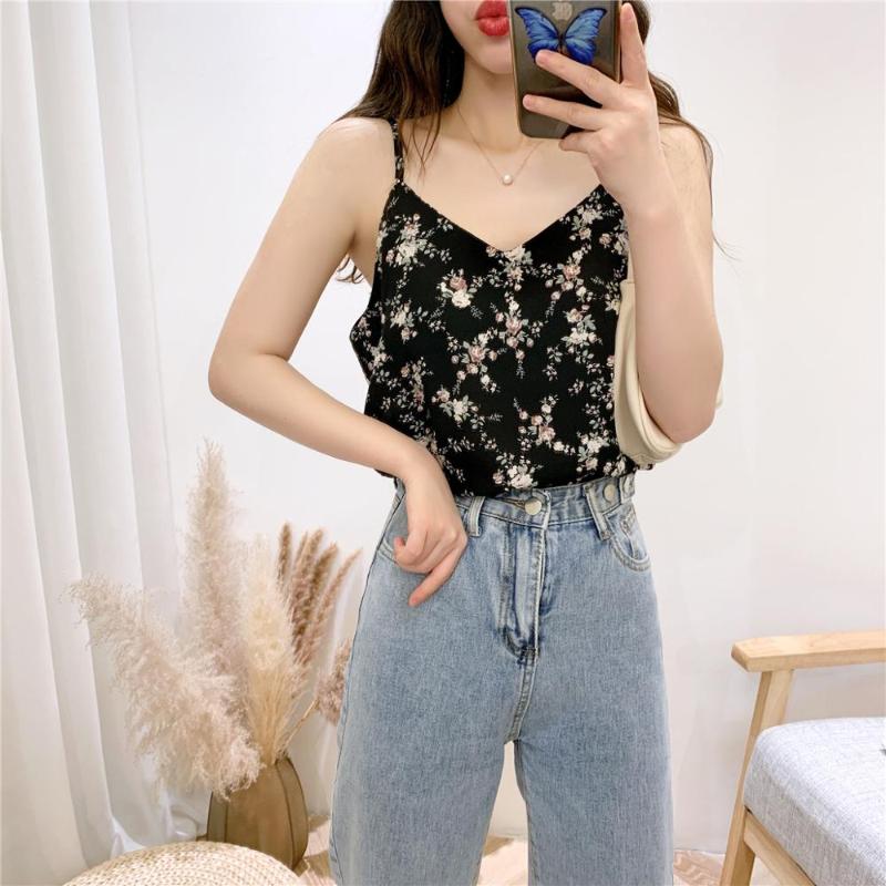 

Small Camisole Women Strapped Tank Top Casual Summer Floral V-neck Double-layer Lining Vest Loose Chiffon Sleeveless Top Woman, Black