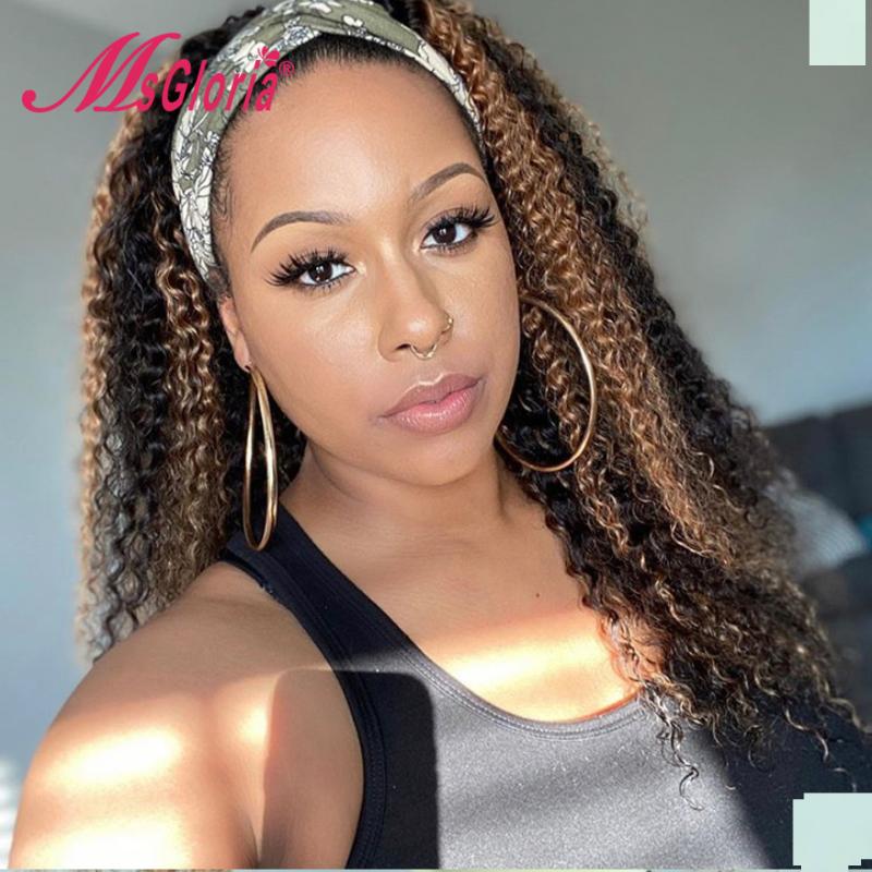 

Highlight Colored Kinky Curly Human Hair Wigs For Black Women Headband Wig Human Hair Ombre Honey Brown Brazilian Remy, As pic