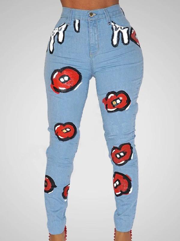 

Denim Skinny Jeans Woman High Waisted Plus Sized Pencil Pants Blue Appliques Lips Sexy 3xl Fashion Stretch Elastic Streetwear