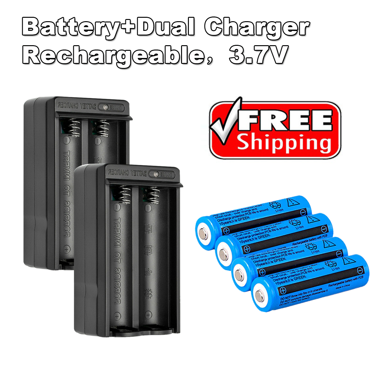 

4PACK 11.1W 3000mAh Rechargeable 18650 Battery 3.7V BRC Li-ion Battery for Flashlight Torch Laser Headlamp+2 x 18650 Dual Charger