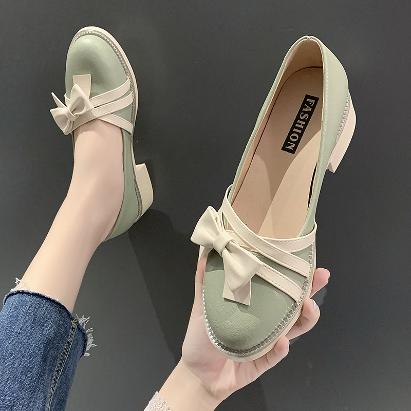 

Sweet Charming PU Leather Bowtie Casual Shoes Women Mid High Pumps Block Heel For Lady New 2020, Beige