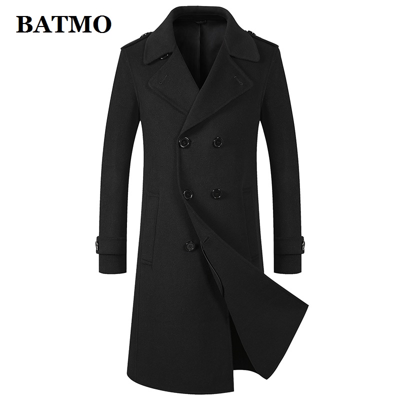 

BATMO 2020 new arrival winter high quality wool double breasted trench coat men,men's wool long jackets,8098, Black