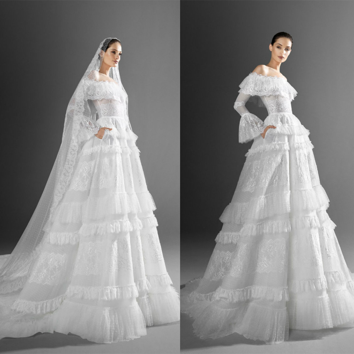 

Zuhair Murad 2021 Wedding Dresses Long Sleeves Lace Appliques Tiers Bridal Gowns Custom Made Sweep Train Modern A-Line Wedding Dress, Ivory