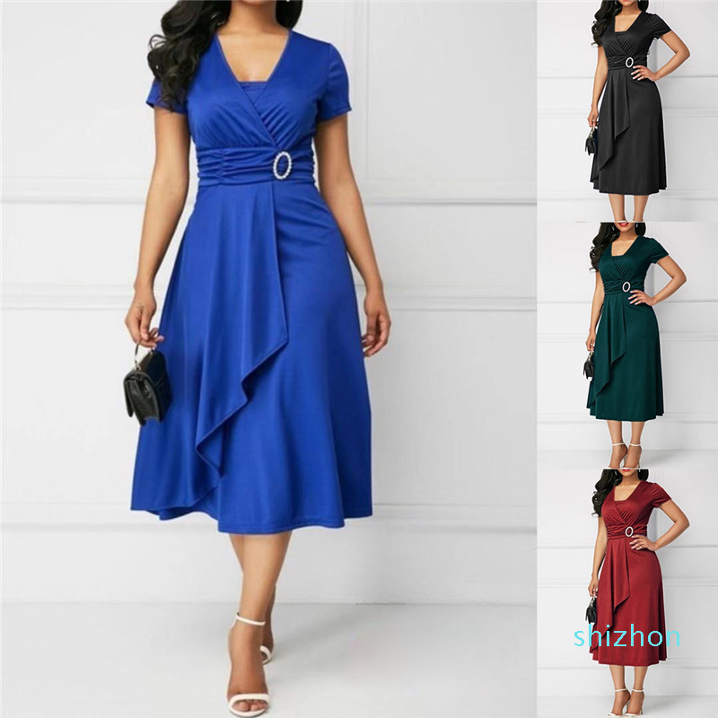 

Hot Sale Elegant Asymmetric Midi Dress Women Autumn Summer Solid Casual Short Sleeve V-Neck Dress Plus Size High Waist -5XL