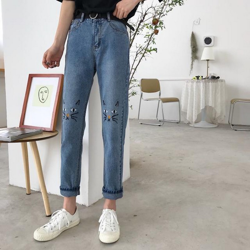 

NiceMix harajuku Denim Jeans Women Clothes Fashion 2020 Embroidery Cats Pants With Pockets Korean Casual Trousers jean femme, Blue
