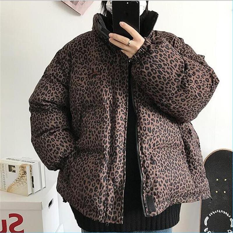 

Winter fashion Korean bread warm mens short cotton-padded jackets thickened casual streetwear leopard print coat, Brown