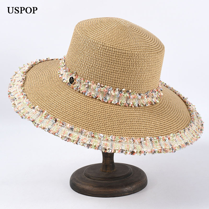 

USPOP New sun hats women wide brim straw hats vintage letter M beach female summer straw sun, Black
