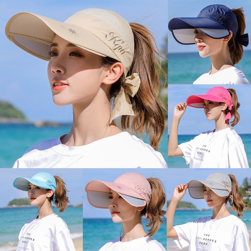 

Women Summer Retractable Wide Brim Sun Hat Empty Top Bowknot Cycling Letters Embroidery UV Protection Baseball Cap, Khaki