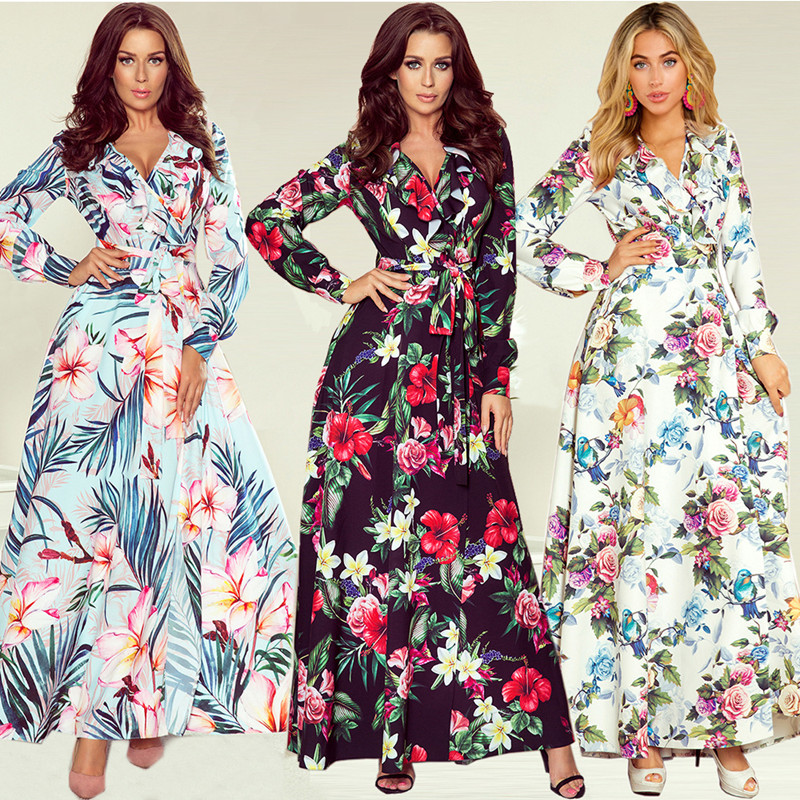 

2020 Spring Autumn Sexy Deep V Neck Women' Dress Casual Bohemia Empire Maxi Dresses Fashion Boho Flower Print Ladies Long Dress, Apricot