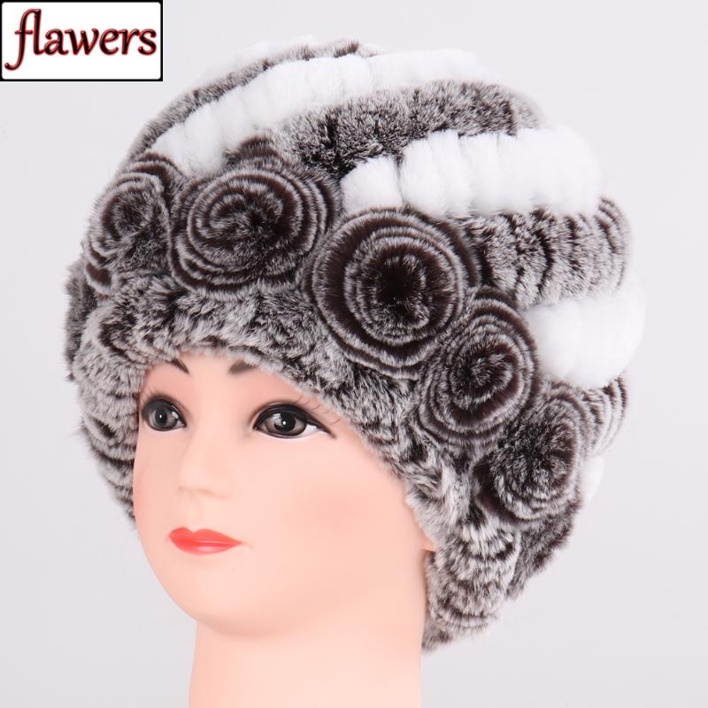 

Lady Good Elastic Knitted Rex Fur Beanies New Women Winter Real Rex Fur Hats 100% Real Natural Cap, Coffee and white