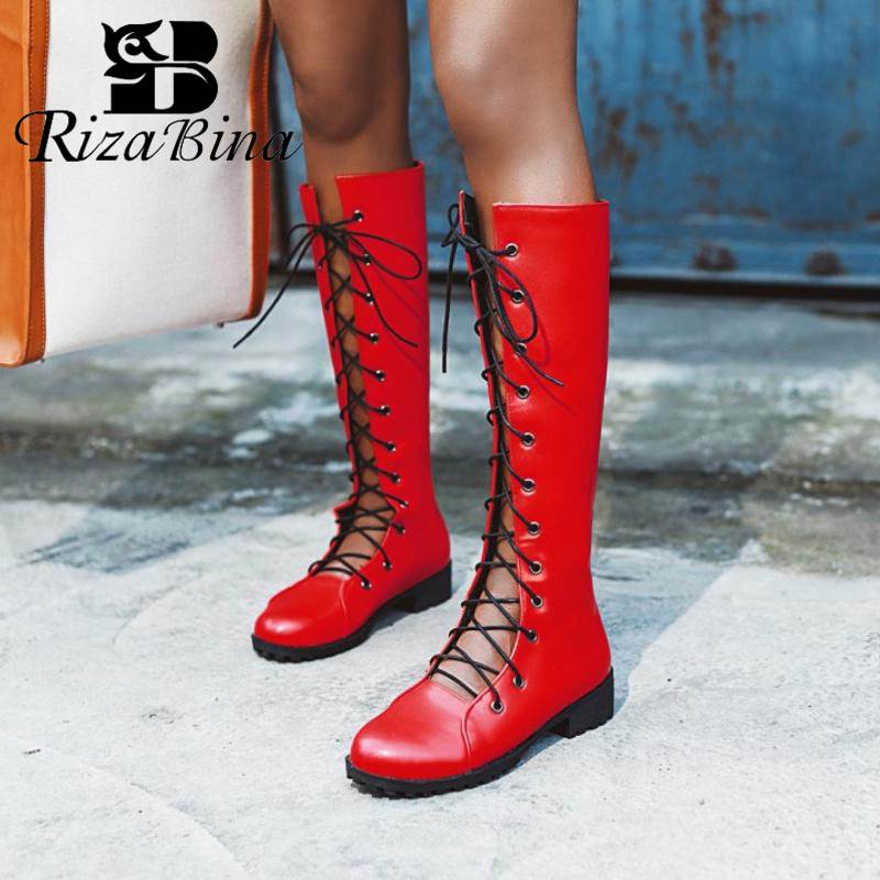 

RIZABINA Autumn Knee High Boots Women Fashion Hollow Out Sexy Cross Strap Flats Shoes Women Style Long Boots Size 35-43, Black