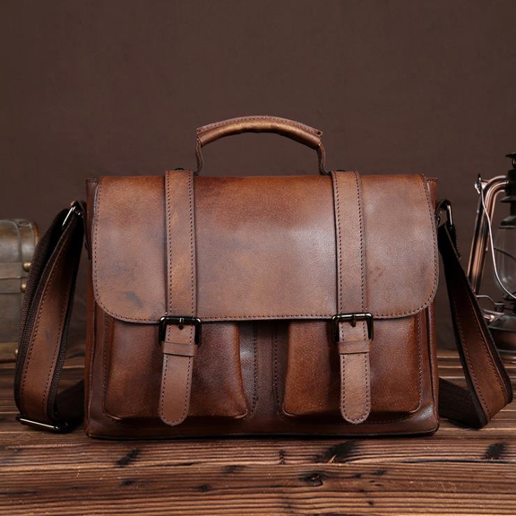 

2020 new leather men's bag hand-made vegetable tanned retro postman bag shoulder crossbody bag briefcase, Brown