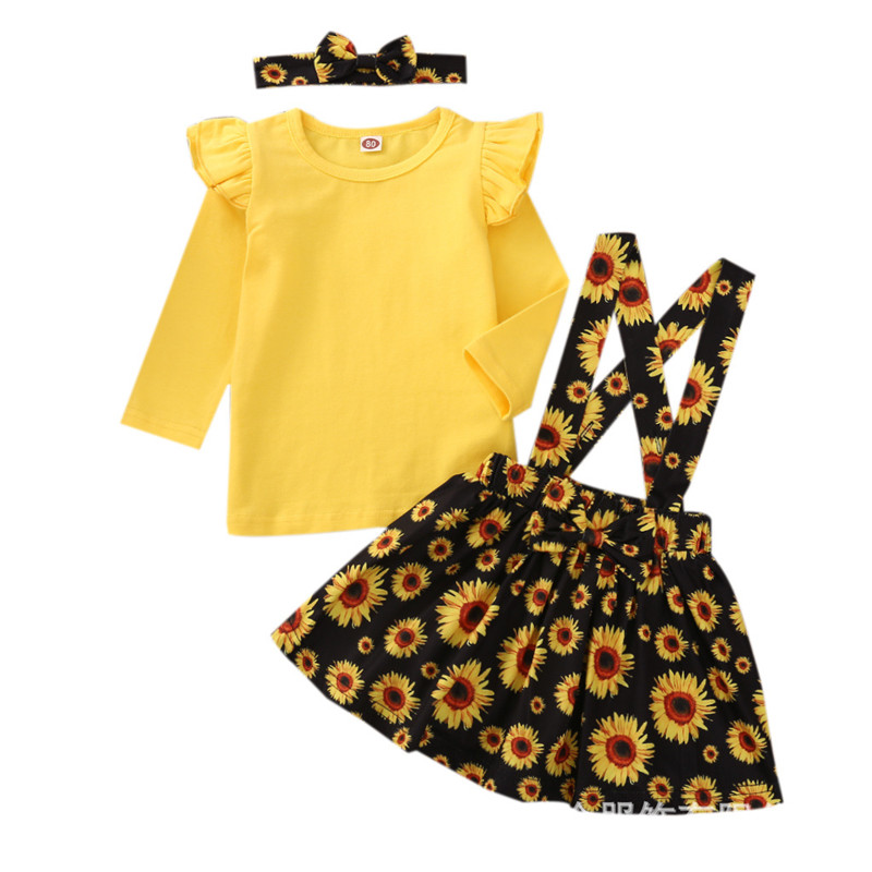 

Kids Baby Girls Sunflower Printing Long Sleeve Strapless Skirt Suit Tutu Skirt With Hair band Autumn Children Suit 80-120, Yellow