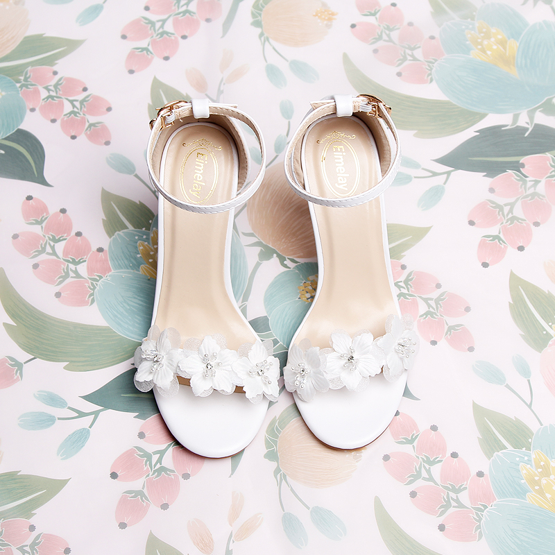 

White Sweet Fairy Chiffon Flower Korean-Style Women's Sandals Bridesmaid Hollow Straight-Line Buckle Wrist Strap Stilettos New, 6cm
