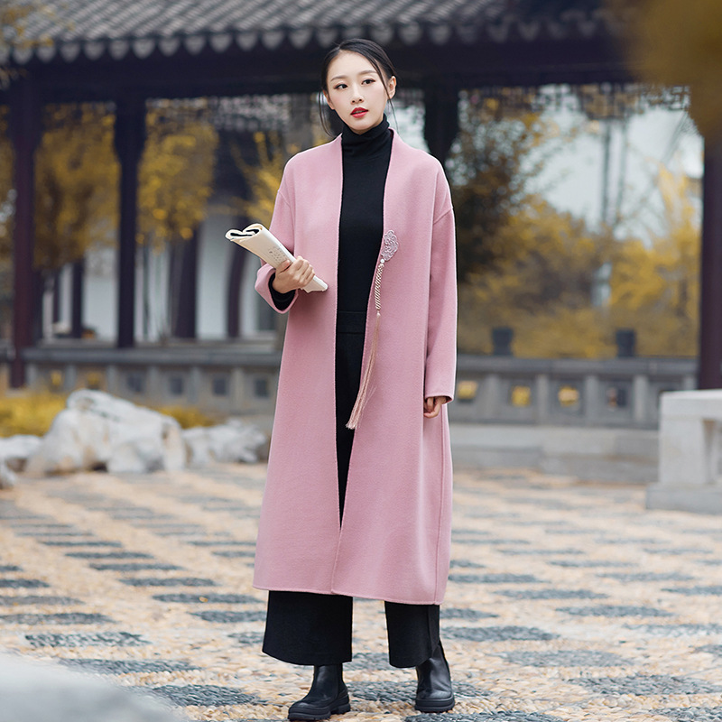 

Abrigos Mujer Newest Autumn Winter Chinese Style Wool Coat Women Elegant Tassele Trench Coats Female Outwear LX1918, Pink