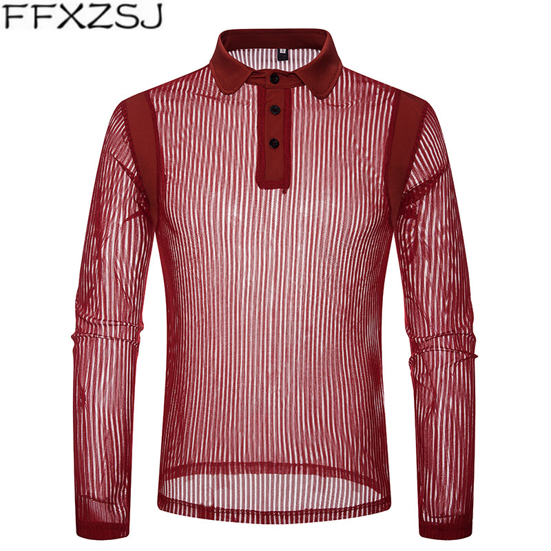 

FFXZSJ Autumn New Solid Color Transparent Fashion Men Long Sleeve Slim Fit Sexy Red Black Shirt Hommes Tops & Tees -XXL