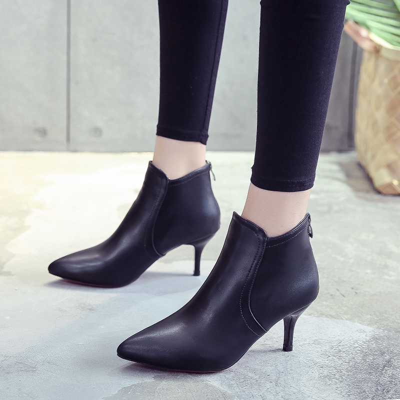 

Ladies Sexy Shoes Woman Solid Black Leather Boots Ankle Boots for Women Shoes Pointed Toe Thin High Heels Zipper Winter