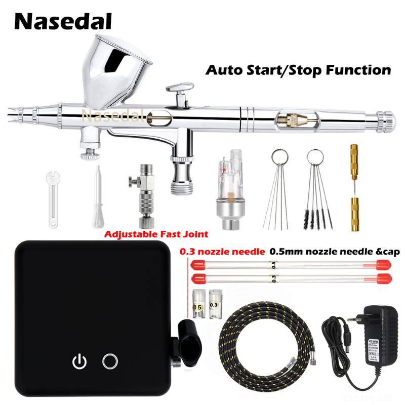 

Nasedal NT-24W 0.2mm Dual-Action Auto-Stop Airbrush Compressor 9cc 0.3mm 0.5mm Spray Gun for Model Makeup Nail Art Cake Car