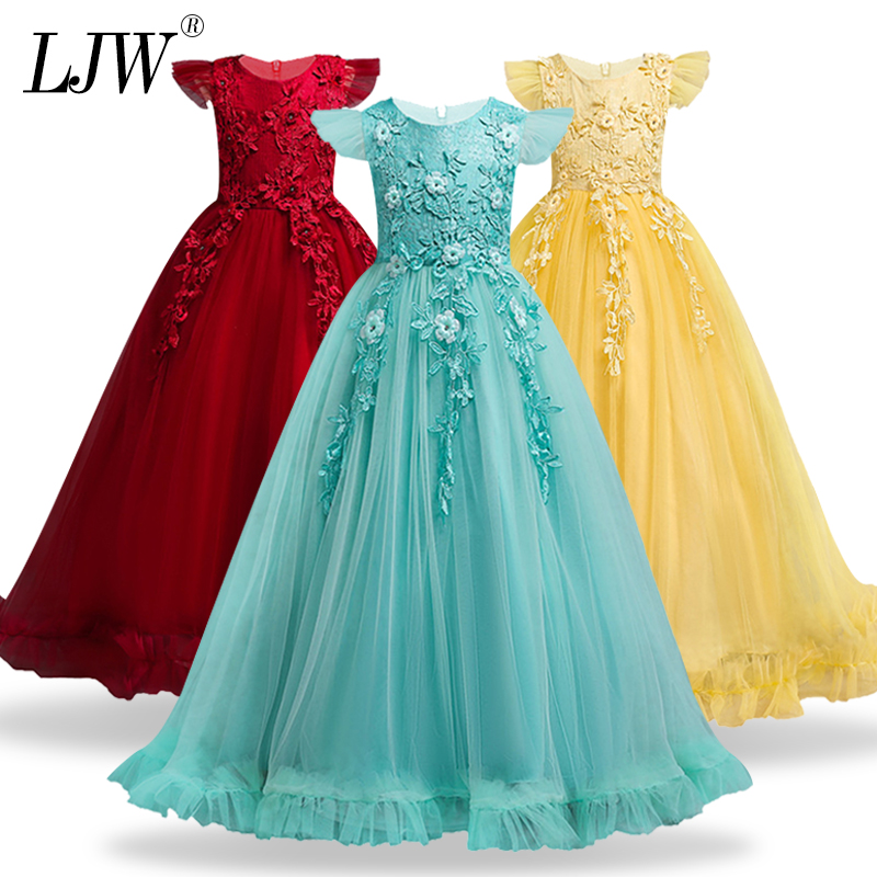 

4-15Y Kids Girls Long Lace Flower Party elegant Ball Gown Prom Dresses Kid Girl Princess Wedding Children First Communion Dress, As picture