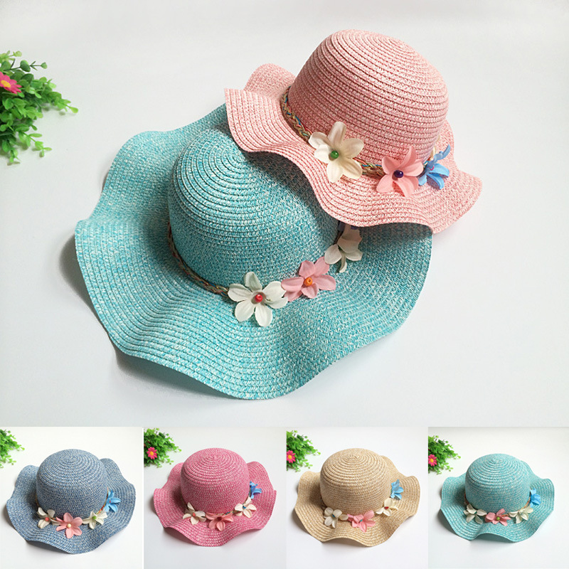 

2020 Flower Parent-child summer straw hat big wide brim beach hat women sun foldable sun block UV protection panama bone, Green