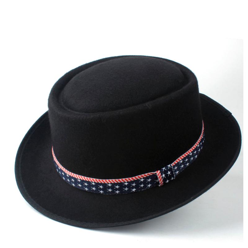 

Men Women Wool Pork Pie Hat With Ribbon Wide Brim Hat Trilby Fascinator Flat fedora Jazz Wild Size 58CM, Black
