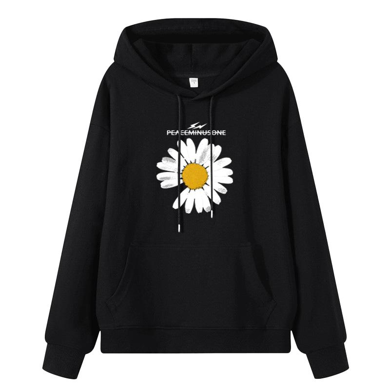 

MISSKY Men Women Sweatshirt Streetwear Hoodie Spring Autumn Daisy Hooded Long-sleeved Casual Loose Thin Pullover Male Tops New, Black