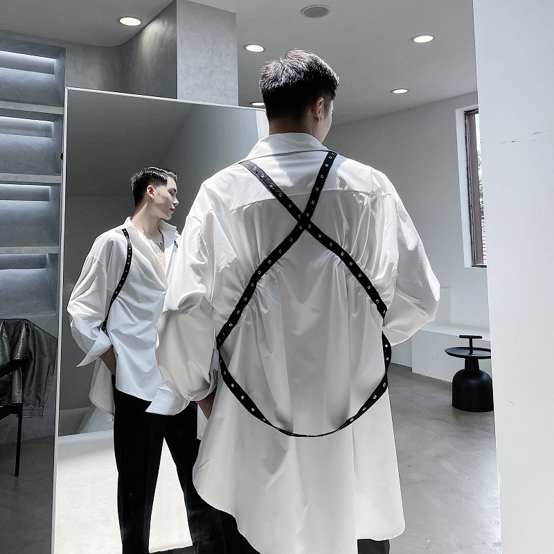 

Men Bandage Rivet Long Sleeve Casual Shirt Male Japan Streetwear Functional Style Hip Hop Loose Shirt Stage Show Clothes, 2301 black