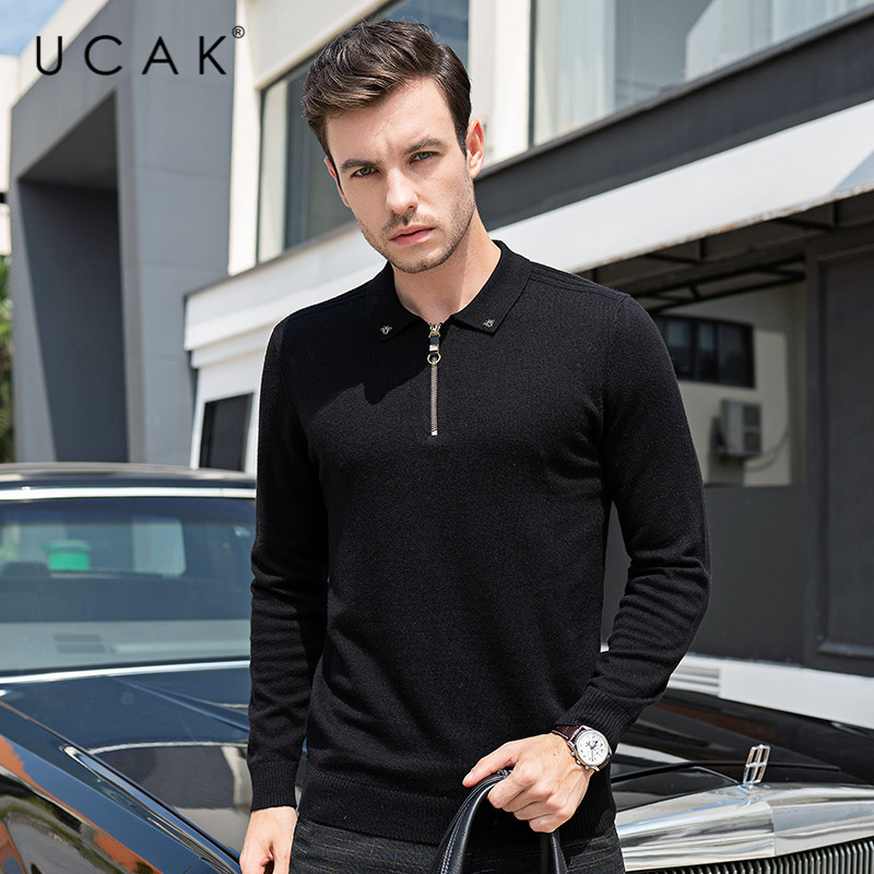 

UCAK Brand Cashmere Sweaters Male 2020 Autumn Winter Men' Clothing Casual Pull Homme Pure Merino Wool Fashion Pullover U3086, Black