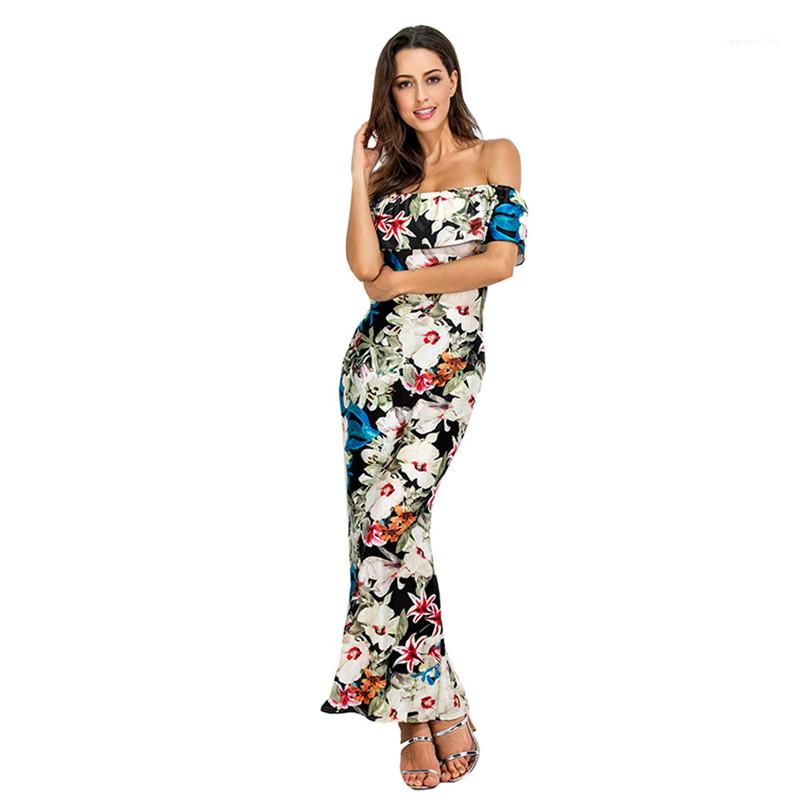 

Maxi Dresses Fashion Strapless Floral Print Womens Designer Evening Dresses Casual Females Clothing Sexy Womens Casual, As picture
