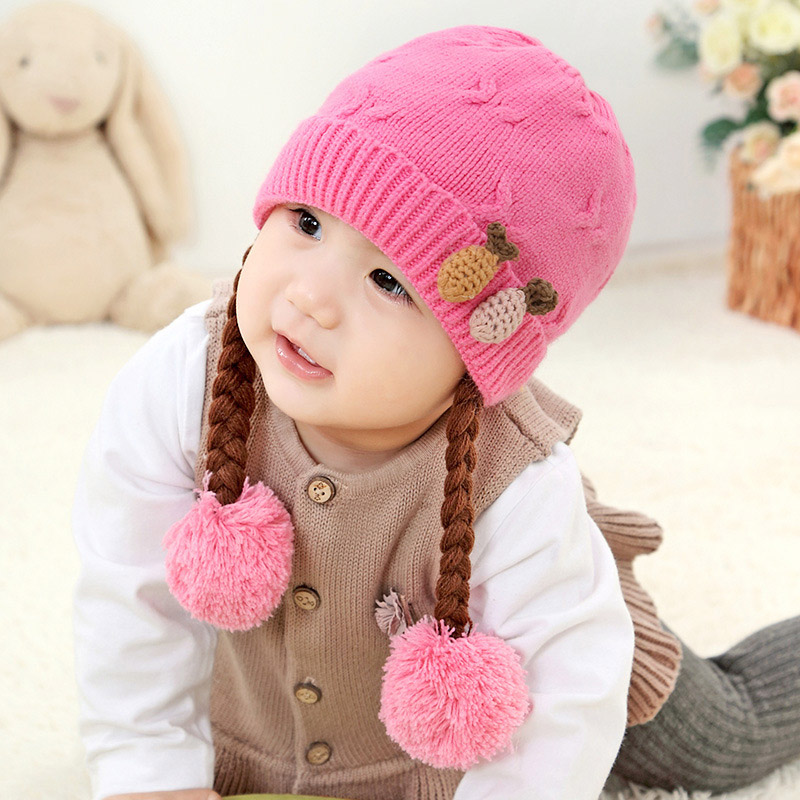 

Girl Hat New Winter Caps Baby Hats Knitted Wool Kids Cute Floral s Cap for Newborn Children Wear, Pink -ax1265