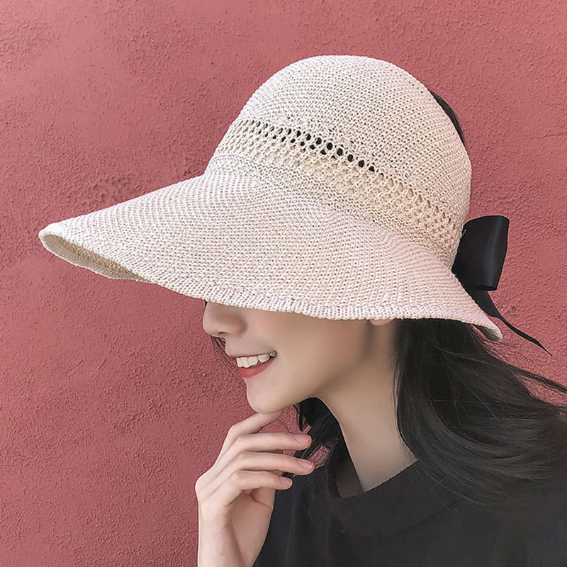 

Summer fashion hat knit empty top hat female summer sun protection bow-tie big straw outdoor sun, Blue