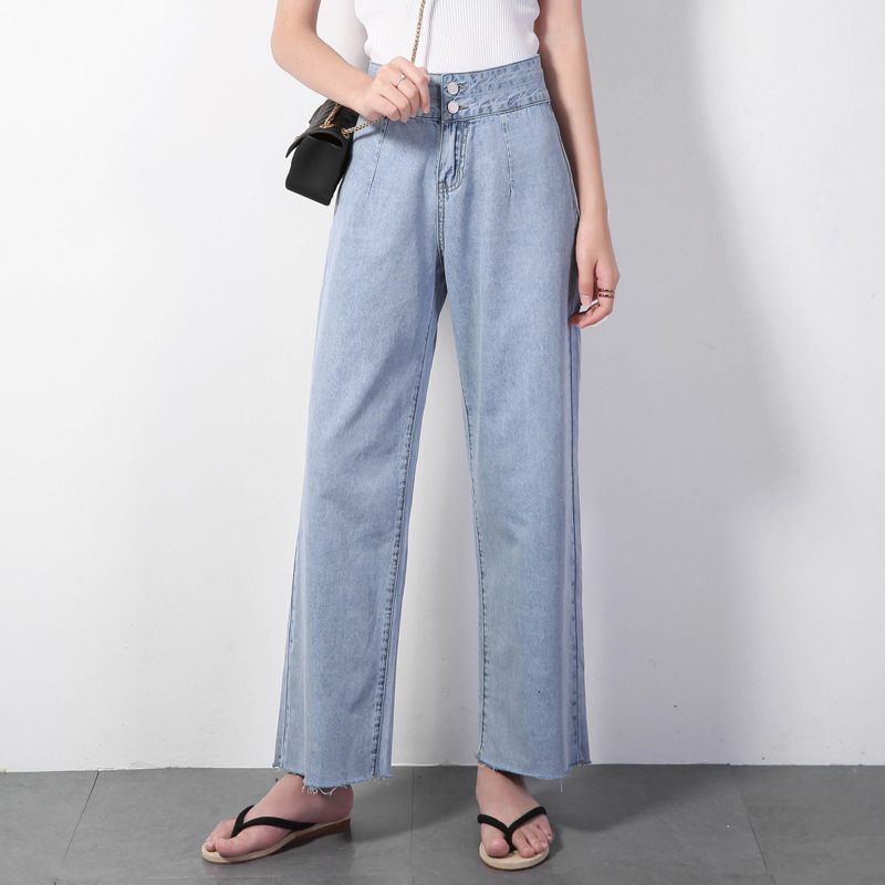 

#3200 Light Blue Casual Denim Jeans Womens Ankle-length High Waisted Wide Leg Jeans Loose Korean Style Straight Ladies