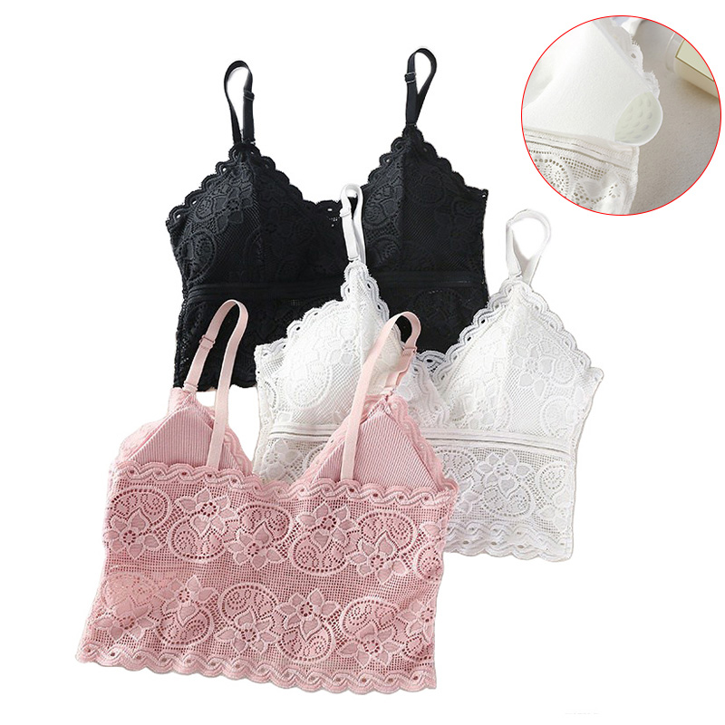 

Women Fashion Wireless Bra Padded Bralette Deep V Lace Bras Summer Crop Top Embroidery Floral Tank Top, Pink