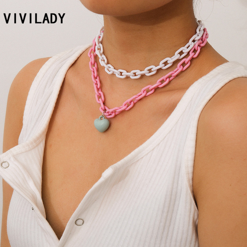

VIVILADY Romantic Double Candy Colorful Acrylic Chain Cute Heart Pendant Women Choker Necklace For Female Jewelry Bijoux