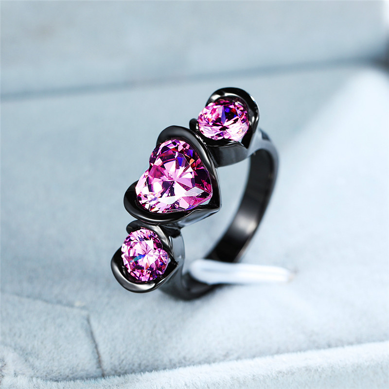 

Romantic Female Small Pink Heart Ring Vintage Black Gold Wedding Rings For Women Promise Love Engagement Ring